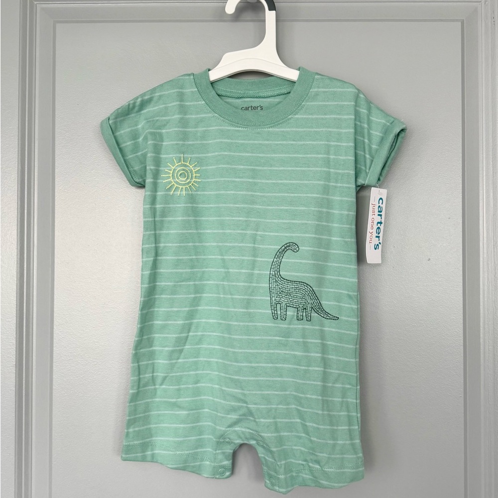 NWT Carter's Mint Green Striped Dino Romper with Sun Detail